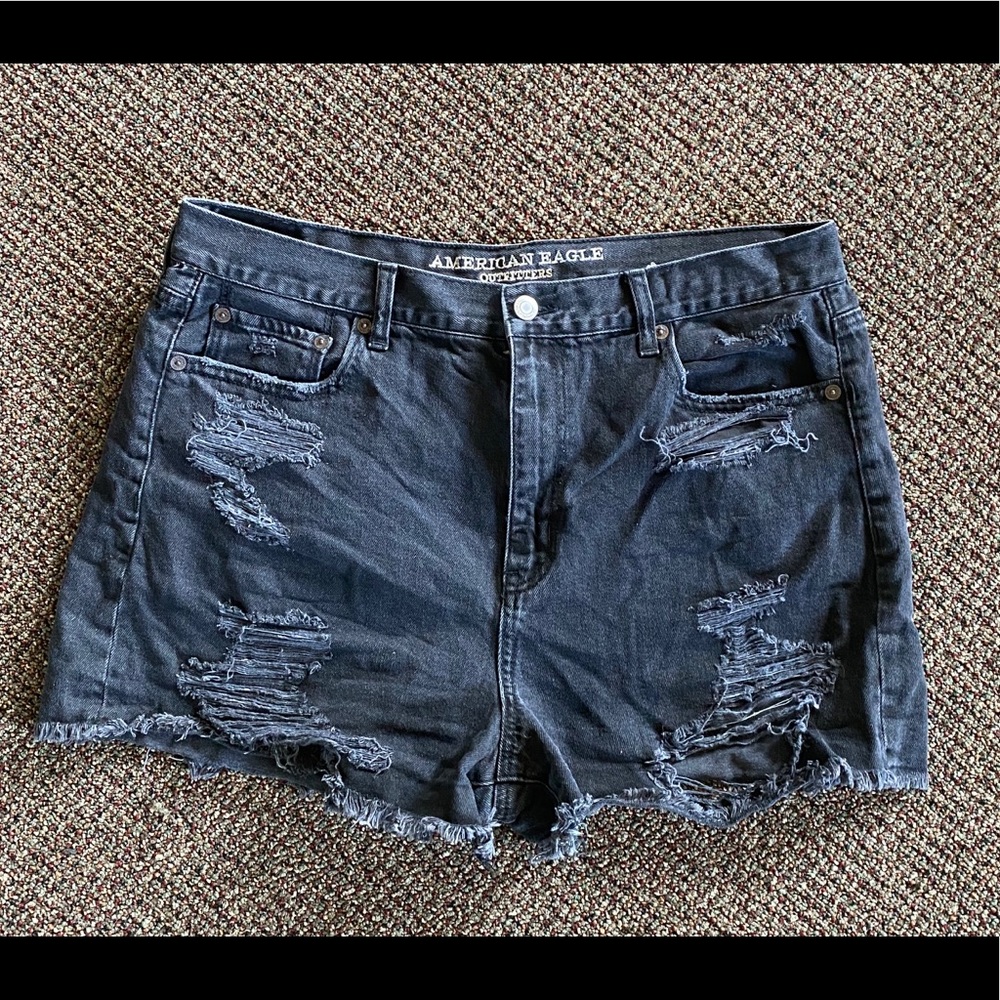 American Eagle Distressed Black Denim Mom Shorts